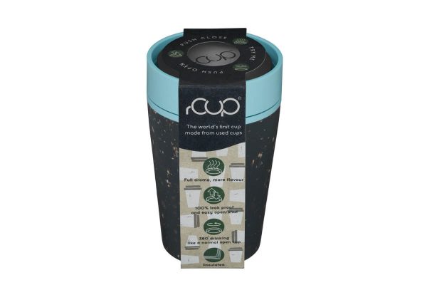 rCup Recycled Coffee Cup Keep Cup 8oz - Black Teal Packaging